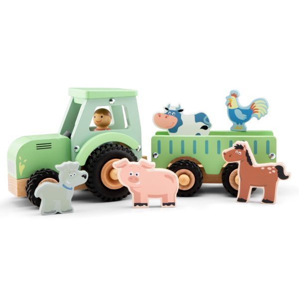 Houten tractor met aanhanger en 5 dieren
